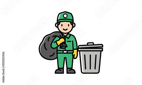 Garbage collector with trash bag and bin.
