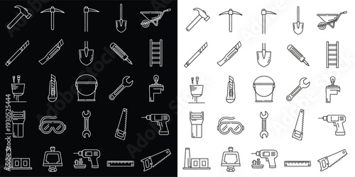 Construction and Hand Tools Line Icons Set – Flat Vector Square Format 