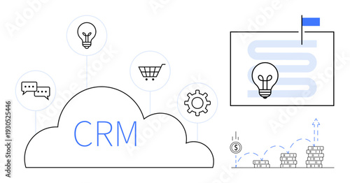 CRM concept. CRM tools with cloud storage, operational icons, and financial growth visualization. CRM managing customer relationships, optimizing business processes, and driving success. Ideal