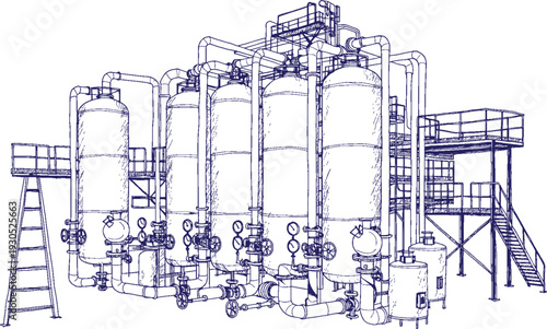 Petrochemical Industrial Complex Vector Line Art – Chemical Processing Factory with Storage Tank Farm and Pipeline Network, Oil and Gas Refinery Manufacturing Facility Black Outline Illustration Isola