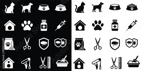 Flat Vector Pet Care Icons Set – Grooming, Veterinary and Animal Supplies Symbols 