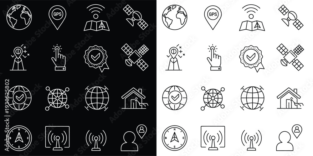 Fototapeta premium Global Location and Navigation Flat Line Icon Set – Map, GPS and Technology Vector Collection 