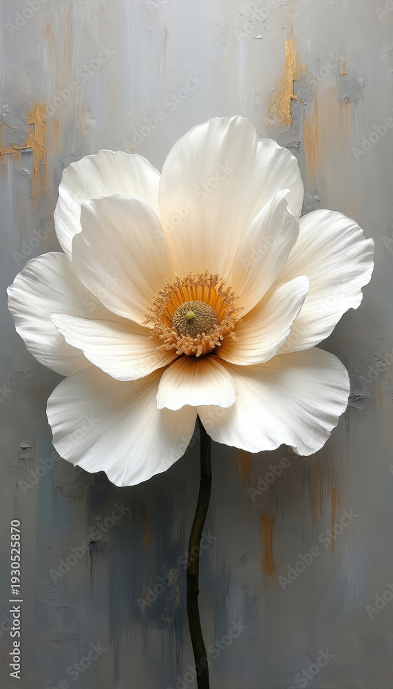 Obraz premium Abstract white flower with golden accents and texture painted on grey background. Oil painting style floral art, elegant bloom, nature inspired, interior decor element.