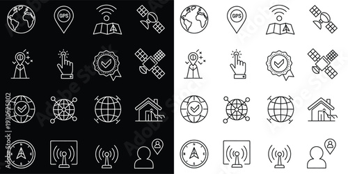 Global Location and Navigation Flat Line Icon Set – Map, GPS and Technology Vector Collection 