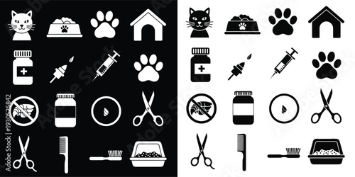 Flat Vector Pet Care Icons Set – Grooming, Veterinary and Animal Supplies Symbols 