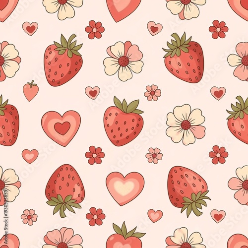 Seamless watercolor design featuring strawberries and flowers against a light pastel backdrop, perfect for a fresh look 