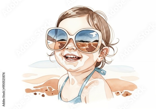 Watercolor smiling baby wearing large sunglasses by the beach in summer. Cheerful toddler girl with large sunglasses, enjoying the beach in a colorful watercolor painting  