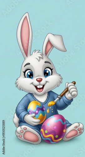 Adorable cartoon bunny happily painting colorful Easter eggs on a bright, cheerful background. Cute cartoon bunny joyfully decorating vibrant Easter eggs with paintbrushes in a playful scene
