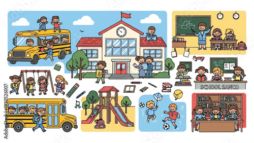 Colorful collage illustrating daily life at school with students, teachers, buses, classrooms, and playground scenes.