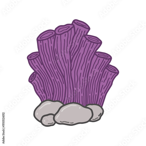 Hand drawn purple tube sponge coral illustration, underwater marine life doodle. Tropical sea sponge coral sketch, colorful aquatic plant
