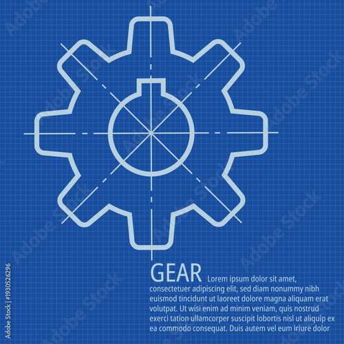 Blueprint gear wheel illustrated, vector. Concept cogwheel on blueprint.