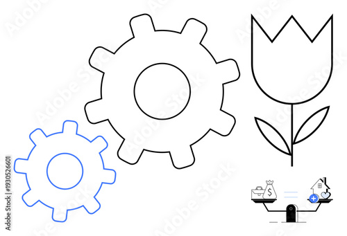 Gear mechanisms. Gear symbols highlight technical systems and processes. Gear mechanisms link productivity, nature, and economic balance. For technology, finance, innovation, sustainability business