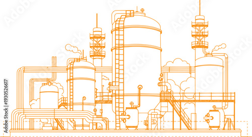 Petrochemical Industrial Complex Vector Line Art – Chemical Processing Factory with Storage Tank Farm and Pipeline Network, Oil and Gas Refinery Manufacturing Facility Black Outline Illustration Isola