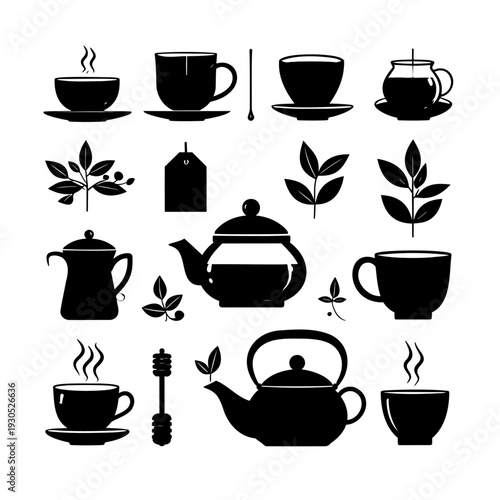 Tea Cups and Teapots Silhouette Set.