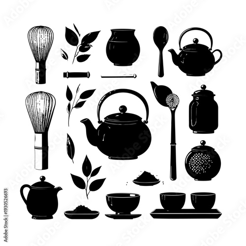 Tea Kettles and Tea Accessories Silhouettes.