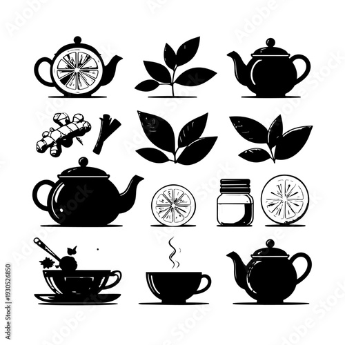 Tea Infuser and Tea Leaves Icons.