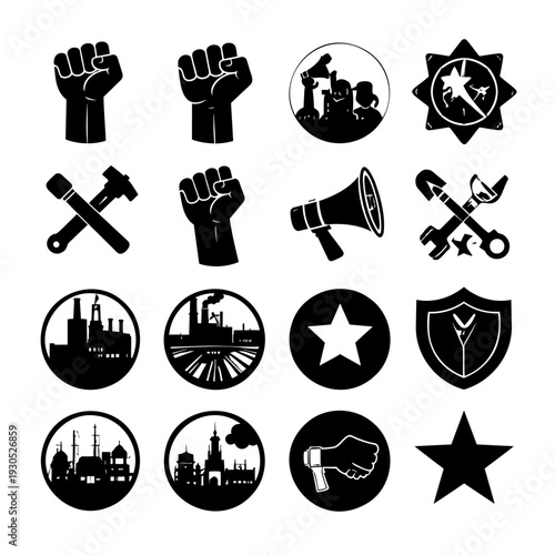 Black Silhouette Labor Union Icons.
