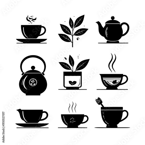 Black Tea Cups and Teapots Icons.