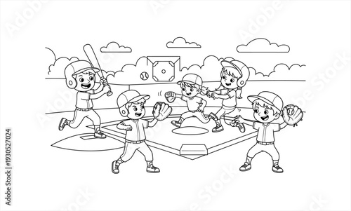 Group of happy children playing baseball on a field.