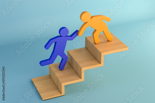 3D Illustration of teamwork helping hand on stairs, support and career growth concept