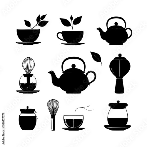 Tea Cups Teapots Silhouette Collection.