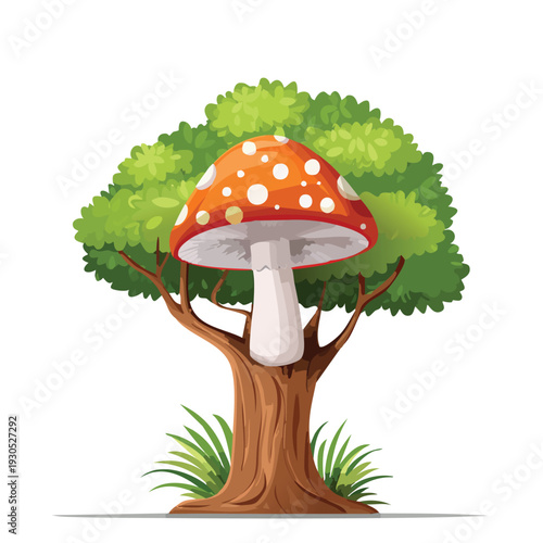 Cartoon mushroom resting on a tree trunk against white
