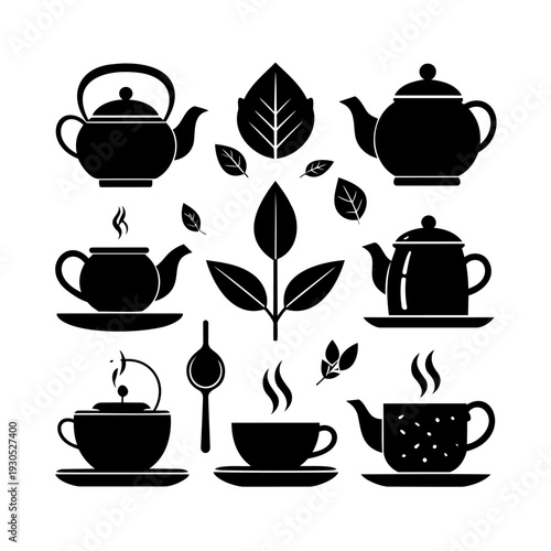 Tea Cups Teapots Silhouette Illustration.