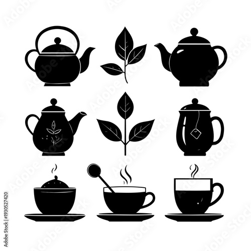 Tea Cups Teapots Tea Leaves Silhouettes.