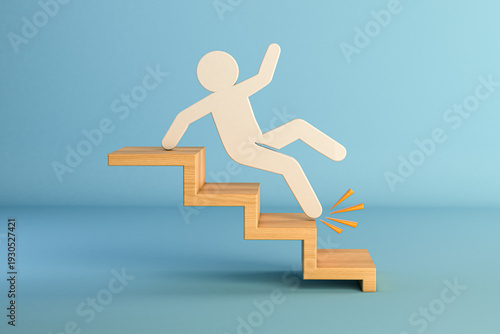 3D Illustration of a person slipping on stairs, accident risk and safety concept