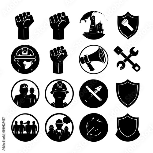 Black Labor Union Icons Set.