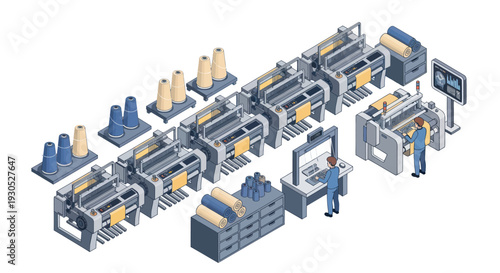 Automated Textile Production Line with Workers and Machinery.