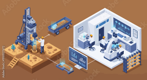 Geological Exploration and Laboratory Analysis Isometric Illustration.