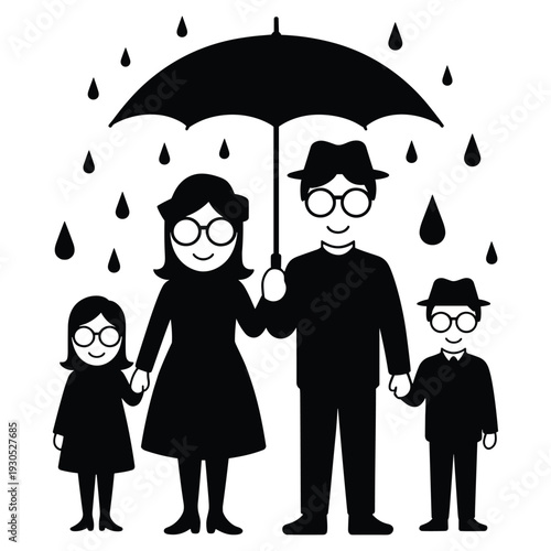 Family Under Umbrella Protecting From Raindrops Silhouette Iconography Vector Illustration
