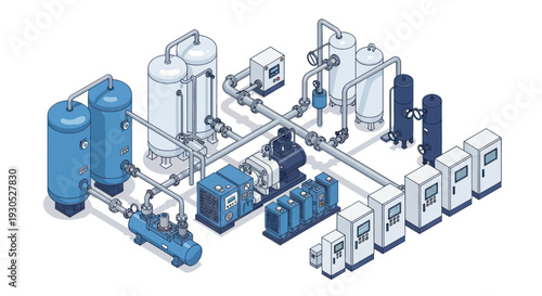 Industrial water treatment plant with various machinery and tanks.