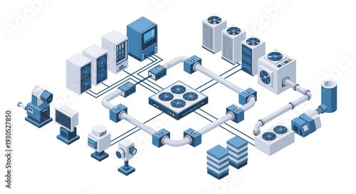Isometric Data Center Infrastructure with Servers and Cooling Systems.