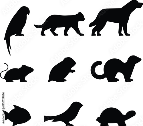 Animal silhouette vector collection in 3x3 grid layout. Parrot, tiger, dog, rodents, fish and tortoise in black and white. Minimalist wildlife icons isolated on white background.