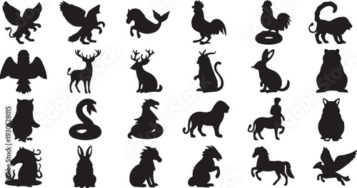 Fantasy and farm animal silhouette vector set. Rooster, deer, horse, dragon and mythic creature collection. Black animal icons isolated for logo design and storytelling graphics.