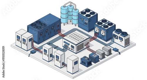 Isometric illustration of a complex industrial cooling and power generation system.