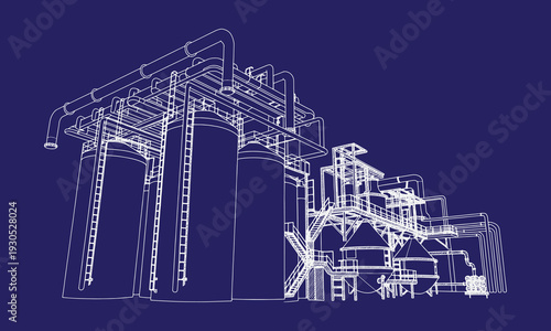 Petrochemical Industrial Complex Vector Line Art – Chemical Processing Factory with Storage Tank Farm and Pipeline Network, Oil and Gas Refinery Manufacturing Facility Black Outline Illustration Isola