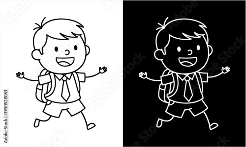 Happy School Boy Cartoon Character Outline Illustration.