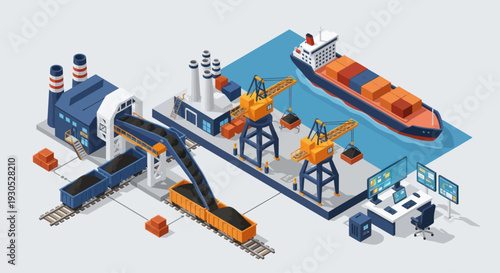 Isometric illustration of a modern industrial port with cargo ship and factory.