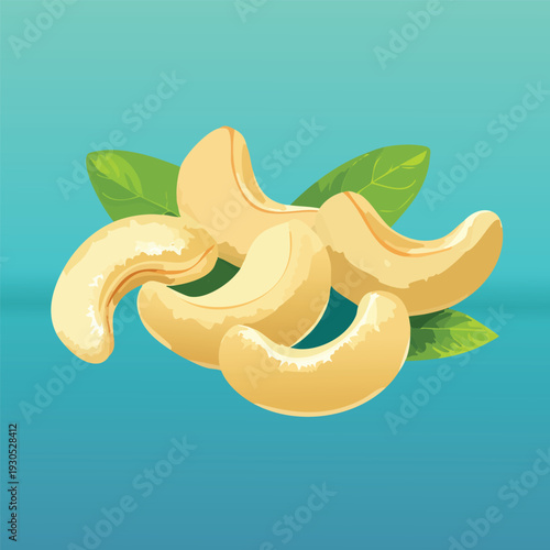Close up illustration of fresh cashews with green leaves