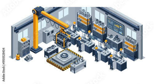 Isometric Industrial Production Line with Robotic Arm and Automated Machinery.
