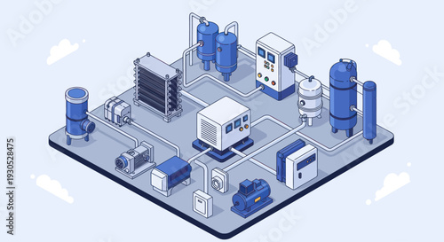 Isometric Industrial System with Connected Machinery and Equipment.