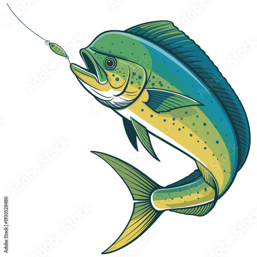 Mahi Mahi fish jumping to catch lure vibrant colors isolated on white stock illustration