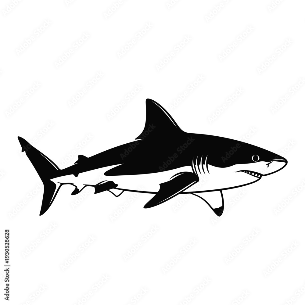 Obraz premium A black and white illustration of a shark swimming in the ocean viewed from the side