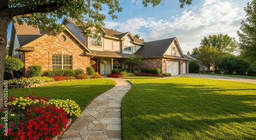 A two-story brick house with a green lawn and a stone walkway leading to the front door.