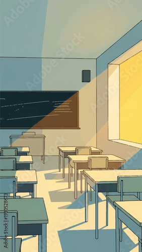 Bright empty classroom interior with desks, chairs, and warm sunlight streaming through large window.