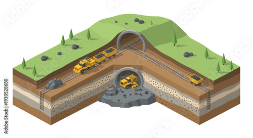 Isometric illustration showing a cross-section of a mountain with tunnels for trains and mining operations.
