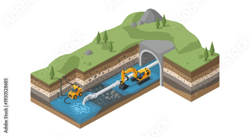 Illustration of underground pipeline construction and tunnel boring machine operation for infrastructure development.
